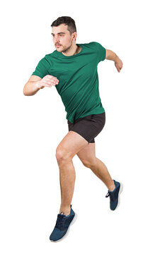 Full length portrait of a determined man athlete jumping over an obstacle isolated on transparent background. Male runner in powerful leaping motion, physical performance and agility