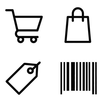 Simple icons depict a shopping cart bag price tag and barcode in black silhouette