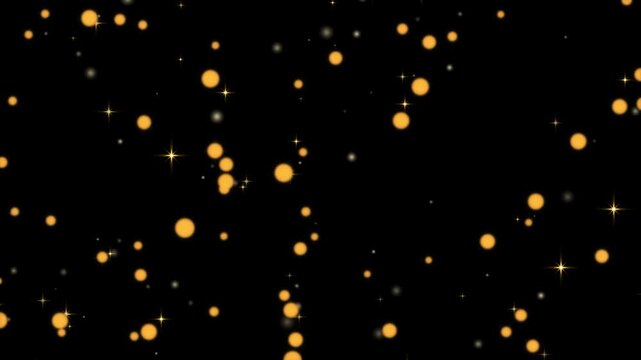 golden particles and sparkling stars falling on black background. shimmering gold glitter dust particles loopable 4k alpha channel overlay.