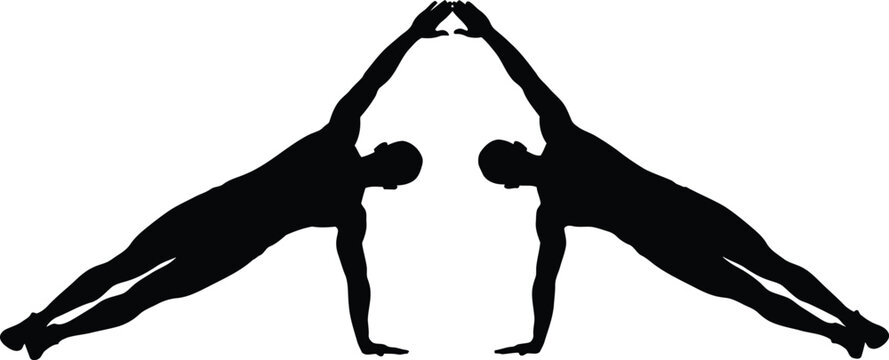 Two gymnasts performing a synchronized handstand against a plain background