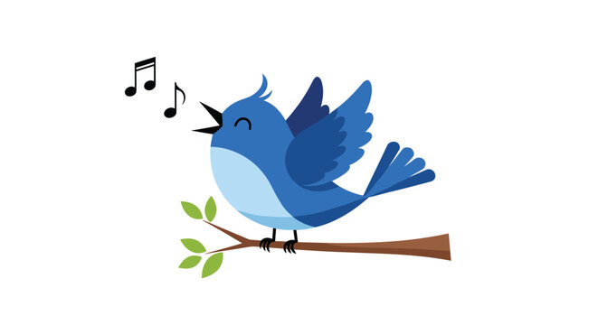 Sweet blue bird is perched on a delicate tree branch with green leaves while singing beautiful musical notes aloud.