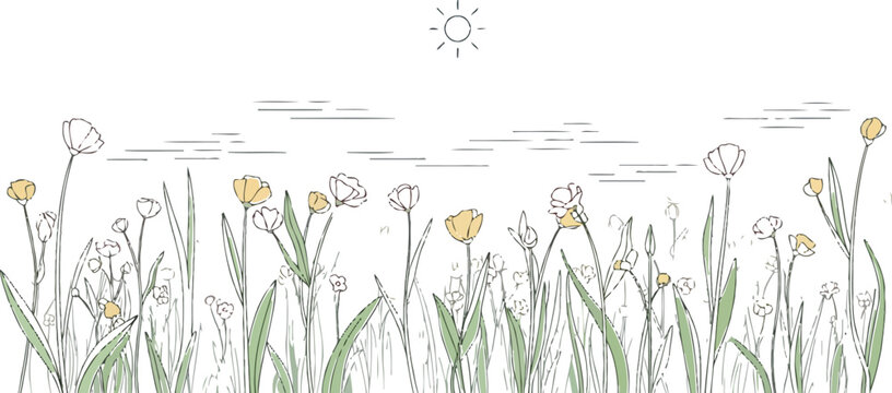 Beautiful minimalist line art drawing featuring a vibrant meadow filled with blooming pink and yellow flowers under a simple sunny sky during a peaceful spring day