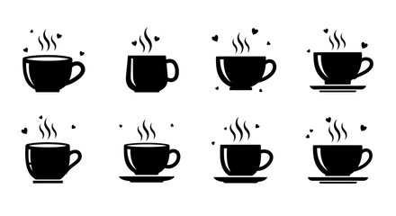 Obraz premium Heart steam coffee cup icons set featuring black mugs with small hearts for romantic breakfast concepts or valentines day cafe decorations and love themed drinks