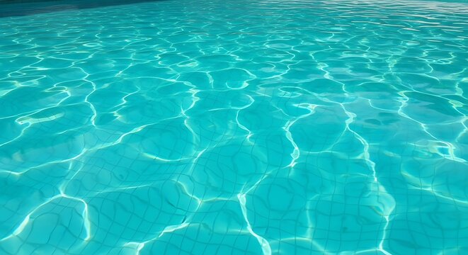 Aqua surface with shimmering sunlight reflections on tiled pool bottom
