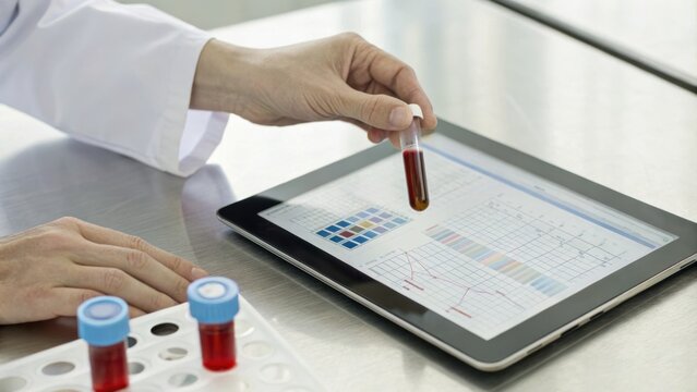 A lab technician analyzes a blood sample while referencing data on a tablet, showcasing digital integration in medical testing and diagnostics.