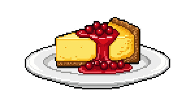 Pixel Art Slice of Cherry Cheesecake on Plate.