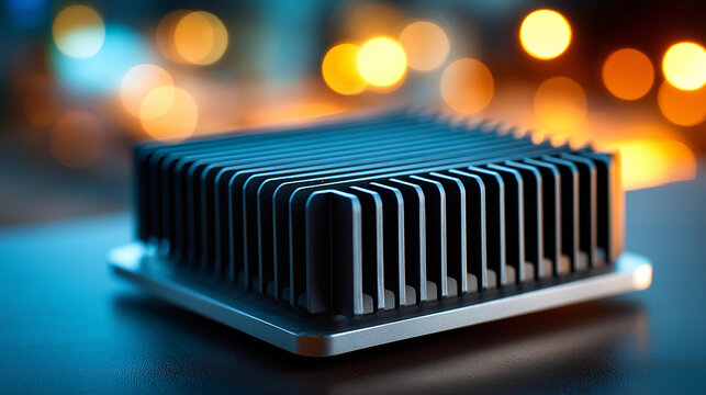 Advanced thermal management aluminum heat sink with vertical fins for electronic cooling, efficient industrial component concept, defocused background, with copy space