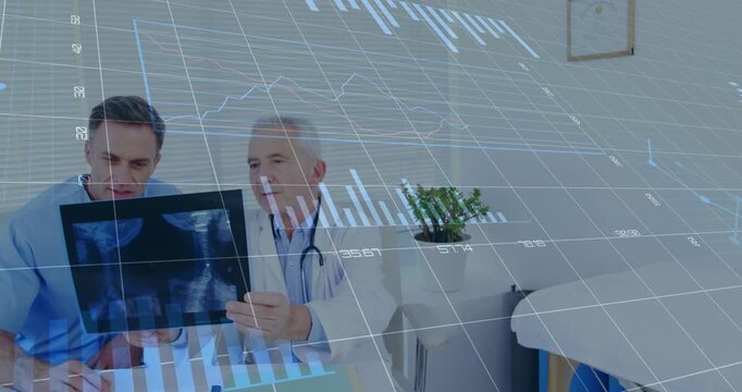 Senior Dr bringing X-ray colleague examining noting while data overlay showing case for diagnosis