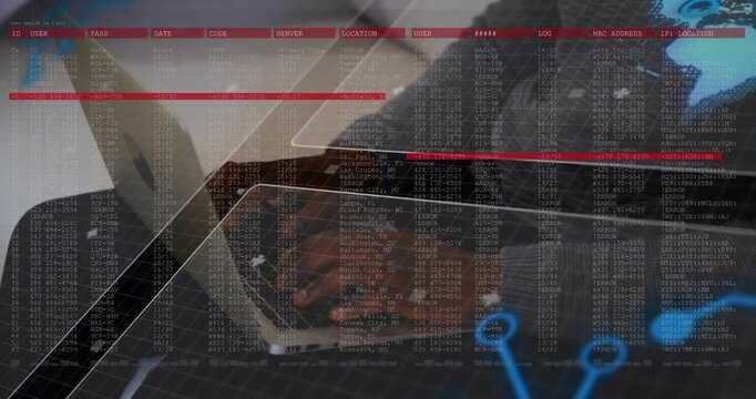 Woman typing on silver laptop and generating scrolling code overlays while monitoring network