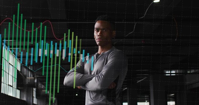 Data stream starting left sending bars across as man raising then crossing arms, visualizing data