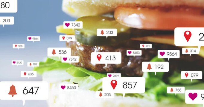 First red pin appearing, stacked burger drawing pin and heart badges, camera zooming for food ad