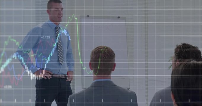 Presenter stepping in and showing grid and graphs tracking gestures and explaining finance trends
