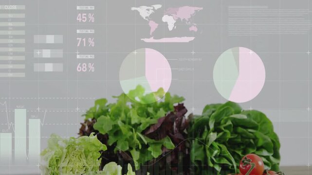 Data fading, lettuce and tomatoes sliding into view, charts hovering over knife for food marketing