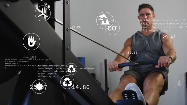 Male rower pushing legs pulling handle, leg drive starting strokes while HUD icons tracking fitness