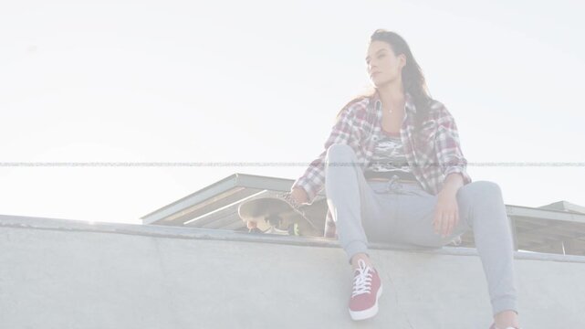 Woman sitting on roof ledge shifting as scanline and green artifacts fading petting dog for film