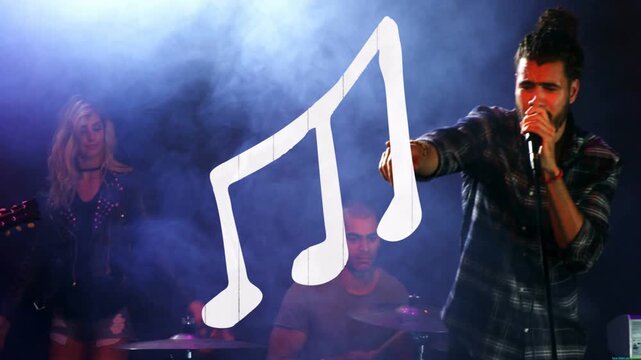 Band starting song on stage, lead singer moving center holding mic, singing, animated note hovering