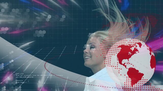 Female host flipping head, sending hair streaming while red globe and code orbiting her, tech promo