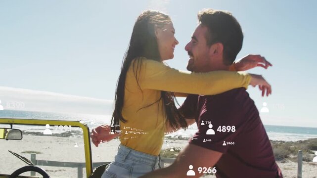 Walking man reaching greeting hugging and lifting woman in yellow-top at beach yellow-buggy icons