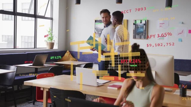 Woman working laptop; two men coming, checking phone, reviewing finance, charts floating over desk