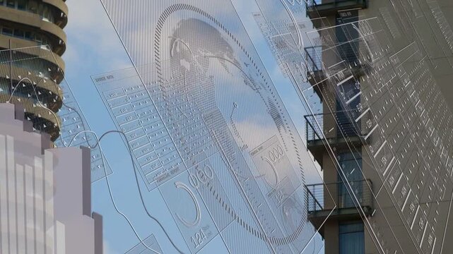 On data update overlays expanding between towers, coin emblem growing, bar-chart rising for finance