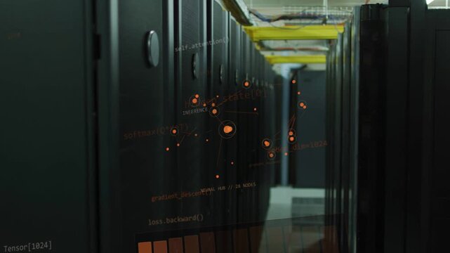 Cam advancing down server-rack aisle starting AI HUD, nodes growing and linking, charting AI health