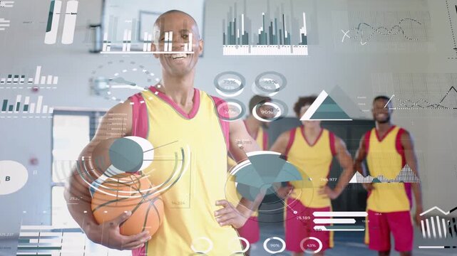 Sports lead stepping center holding ball, posing, showcasing stats with HUD passing across players