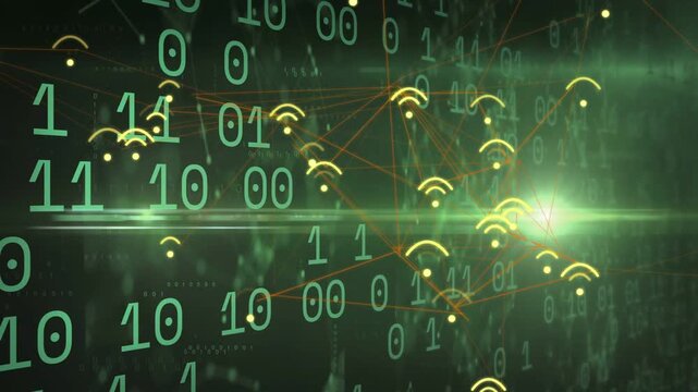Digital network reacting to green flare, binary digits shifting, nodes pulsing to show data flow