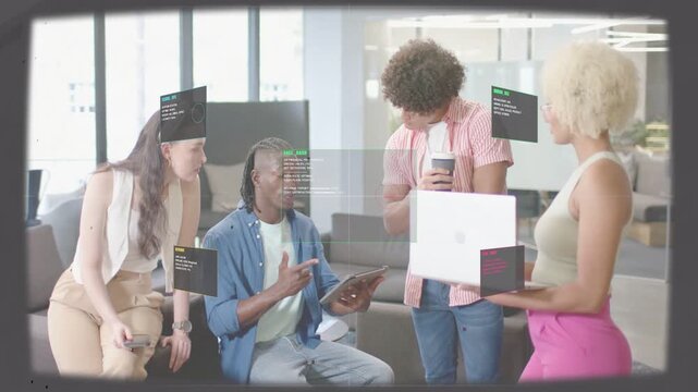 Seated man speaking while team viewing tablet, HUD expanding into tech dashboard showing targets