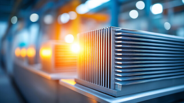 Dense parallel aluminum fins of a large industrial heat exchanger under fluorescent lighting, manufacturing and thermal engineering concept, defocused background, with copy space