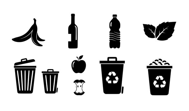 Food waste and recycling icons set with banana peel bottle trash bin eco vector illustration