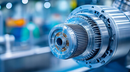Fototapeta premium Macro shot of a high-tech industrial electric motor with cooling fins, precision engineering and thermal management concept, defocused background, with copy space
