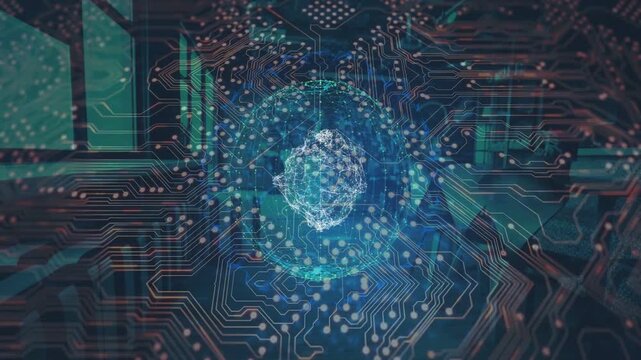 Holographic globe emerging on data input, pulsing filaments and circuit traces visualizing network