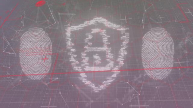 Red scan line starting security scan, shield glitching and restoring while prints verifying access