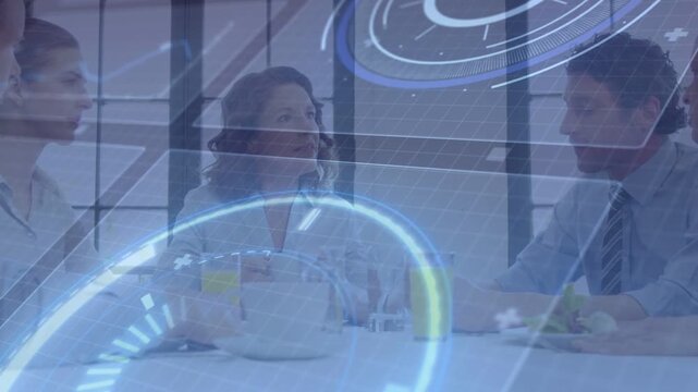 Center woman starting business meeting, gesturing at table while team reacting, blue HUD overlaying