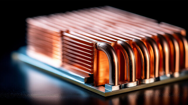 Close-up of a copper heat sink with evenly spaced fins dissipating heat efficiently, thermal management and elegant design concept, defocused background, with copy space