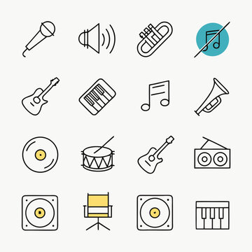 A set of various music icons including a microphone, guitar, drum, and musical notes