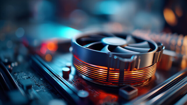 Computer CPU heat sink on a motherboard, electronic component cooling and hardware technology concept, defocused background, with copy space