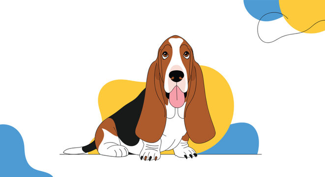 Faithful basset hound dog with long ears and a sad expression sitting and looking up against an abstract background.