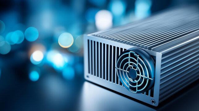 Close-up of a modern electronic device with a cooling fan and heat sink fins, advanced technology and design concept, defocused background, with copy space