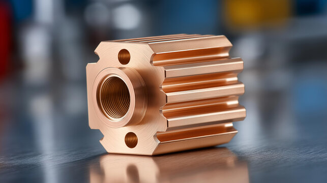 Precision machined copper thermal block with heat dissipation fins for electronic cooling systems and industrial applications, advanced engineering concept, defocused background,