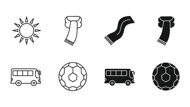 Contrasting icons of weather, vehicles, and sports equipment