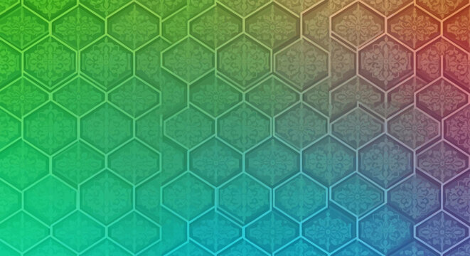 Vibrant hexagonal pattern with rainbow gradient.