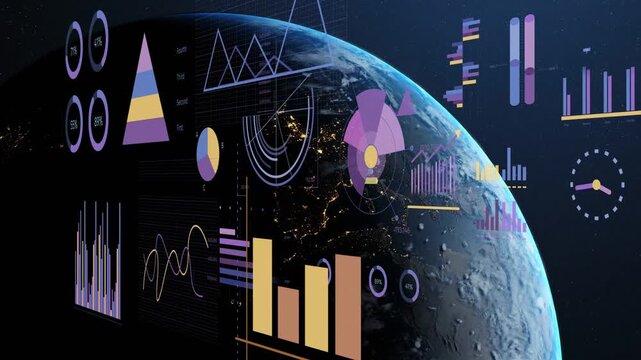 Partial Earth hemisphere appearing globe rotating as HUD charts animating visualizing global data
