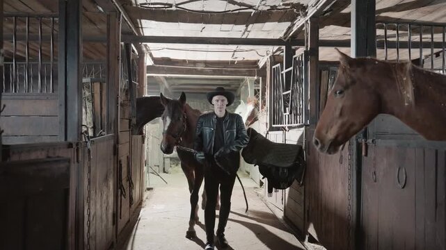 Wide shot stable aisle with horses walking past stalls, handler in hat leads group while sunlight filters through rafters, timber stalls and tack visible, calm organized ranch routine with grooming