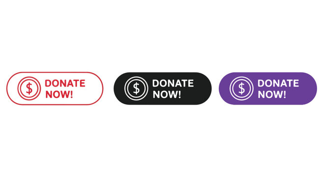 Donate now buttons in red, black, and purple for charity fundraising campaigns