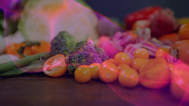 Tomato-broccoli on wood board pink overlay entering left sweeping accenting for food ads