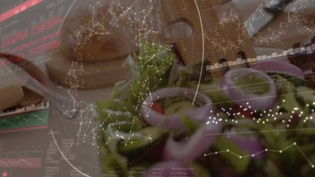Camera panning down right, salad bowl entering frame, HUD drifting, greens focusing for closeup
