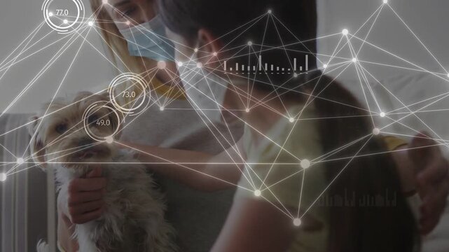 Child reaching to pet dog, mother steadying and guiding hand to safely pet, AR HUD moving