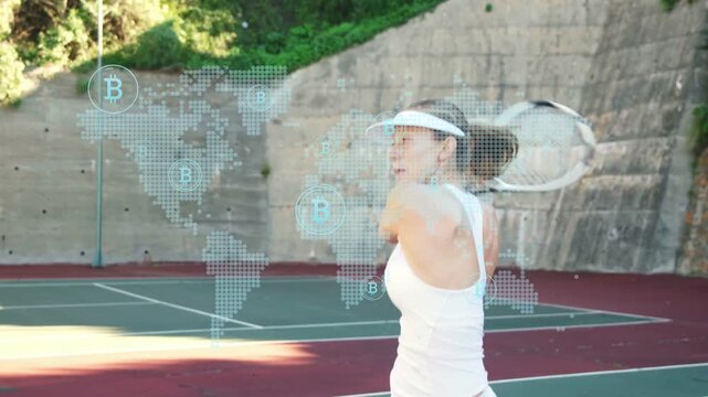 Woman on court shifting gaze, standing, hitting two-hand backhand with BTC map overlay for finance
