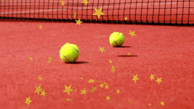 Tennis ball appearing and bouncing others entering forming group on court by net stars swirling